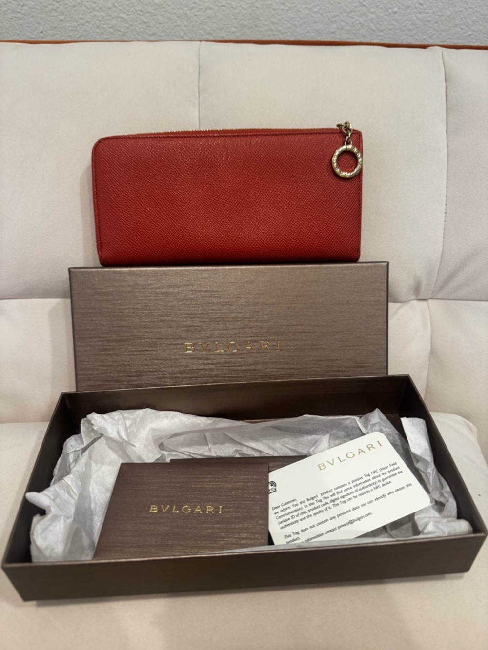 Bulgari Burgundy and Orange Leather Zip Wallet with Gold Hardware